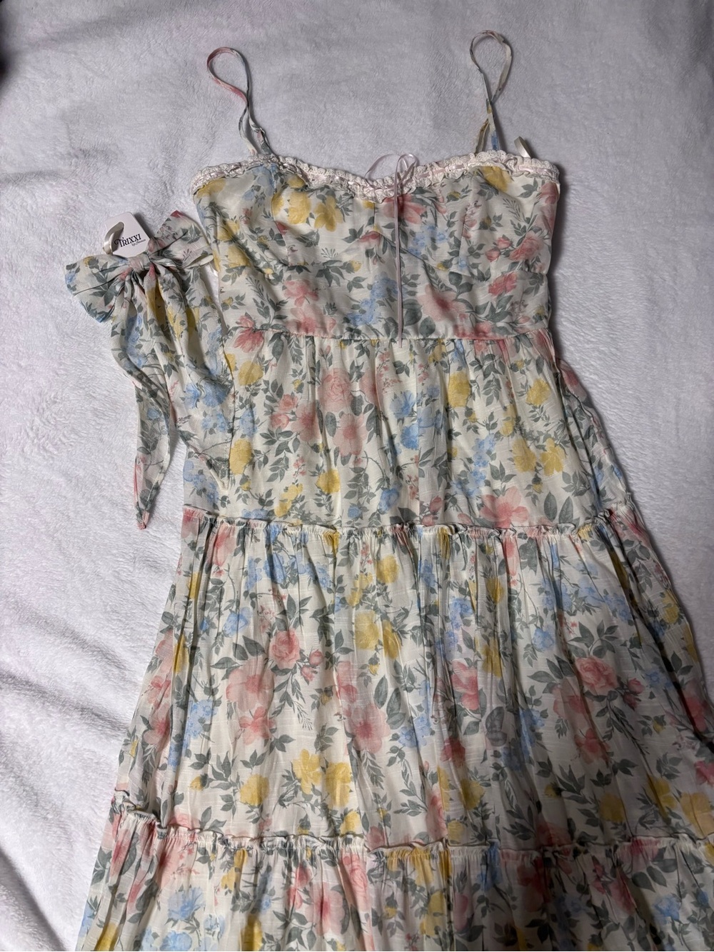 Trixxi Pastel Floral Tiered Spaghetti-Strap Sundress - Cream, Pink, Blue, Yellow